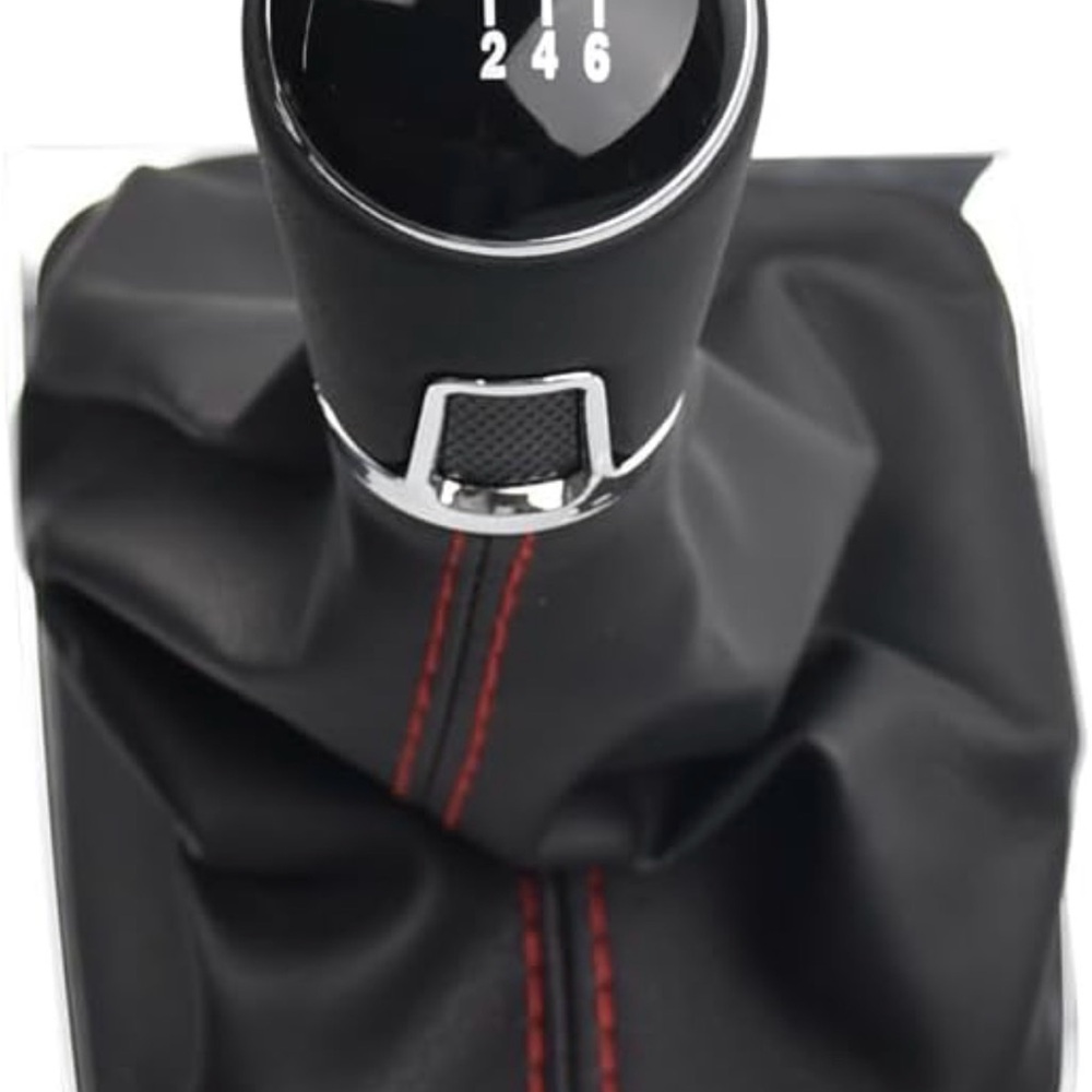 Manual Gear Shift Knob with Black Leather Boot and Red Stitching